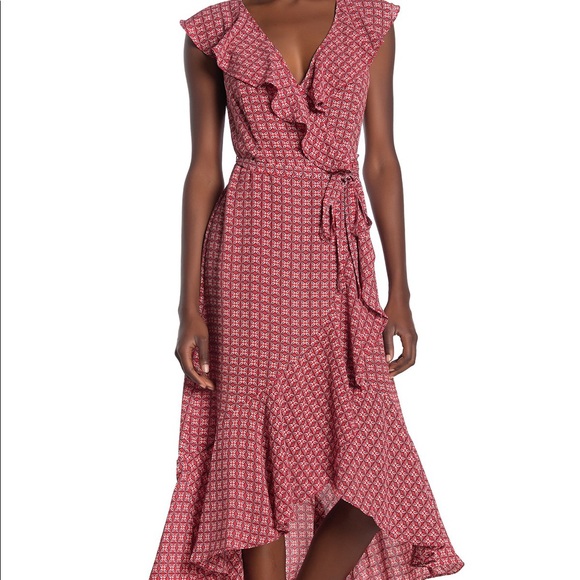 max studio patterned ruffle wrap midi dress